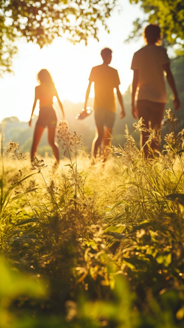 three-friends-walking-field-tall-grass-sunset Trauma Therapy